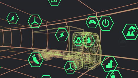 animación de iconos que procesan datos de estado sobre un modelo de camión 3d que se mueve sobre un fondo negro