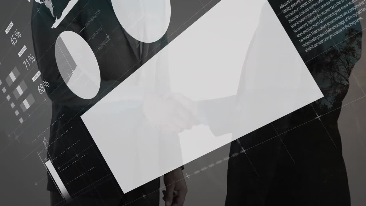 Statistical data processing against mid section of businessman and businesswoman shaking hands