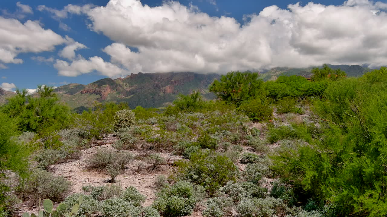 un dron cinemático en ascenso disparó desde una colina para revelar tucson, arizona, y las montañas de tucson en un día parcialmente nublado