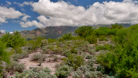 Cinematic-rising-drone-shot-from-hill-to-reveal-Tucson-Arizona-and-the-Tucson-mountains-on-a-partly-could-day