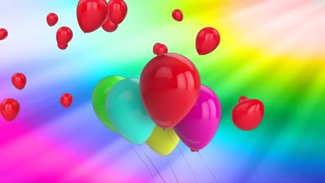 Animation-Eines-Violetten-Abstrakten-Musters-über-Mehrfarbigen-Luftballons,-Die-Vor-Einem-Hintergrund-Mit-Farbverlauf-Fliegen