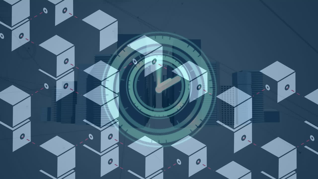 Animation of moving clock and cubes over digital city and network of connections