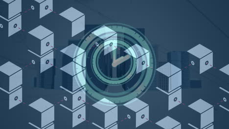 animación de relojes y cubos móviles sobre la ciudad digital y la red de conexiones