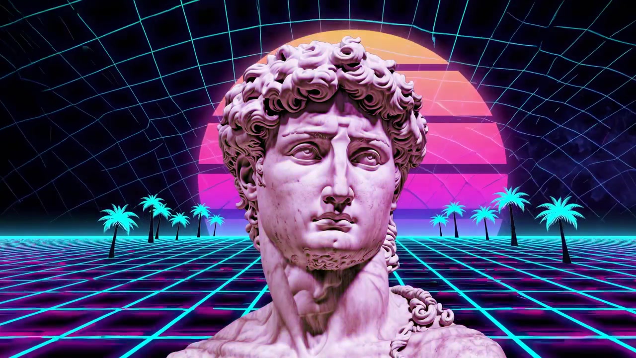 Busto di David cangiante in un paesaggio neon vaporwave