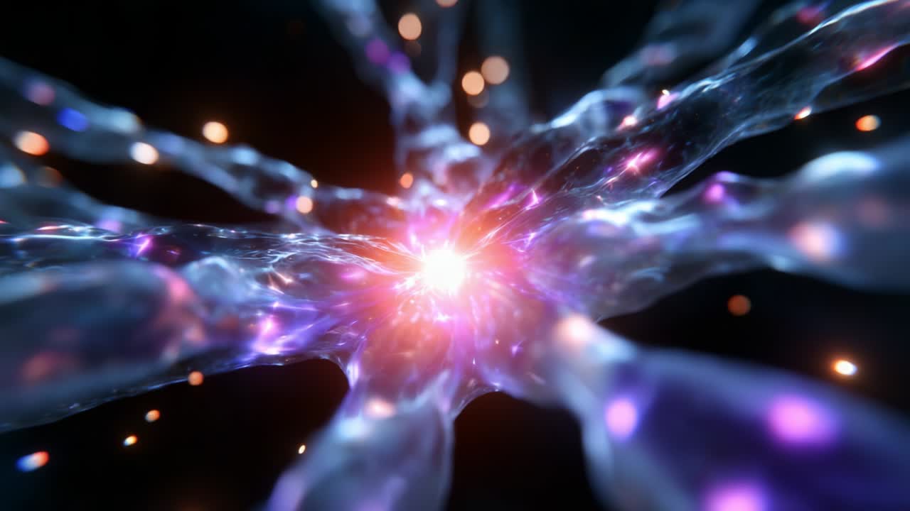 Un'esplorazione ipnotica in una nebulosa cosmica, che turbina con vibranti fili viola e blu, illuminata da sfere radiose di luce, presentando una straordinaria rappresentazione visiva di energia e bellezza nell'universo