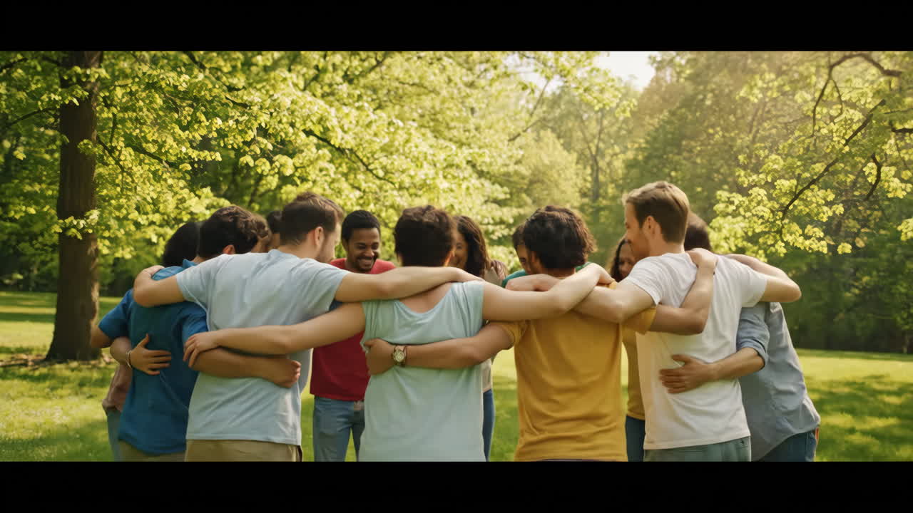 A diverse group of friends standing in a circle in a park, embracing each other