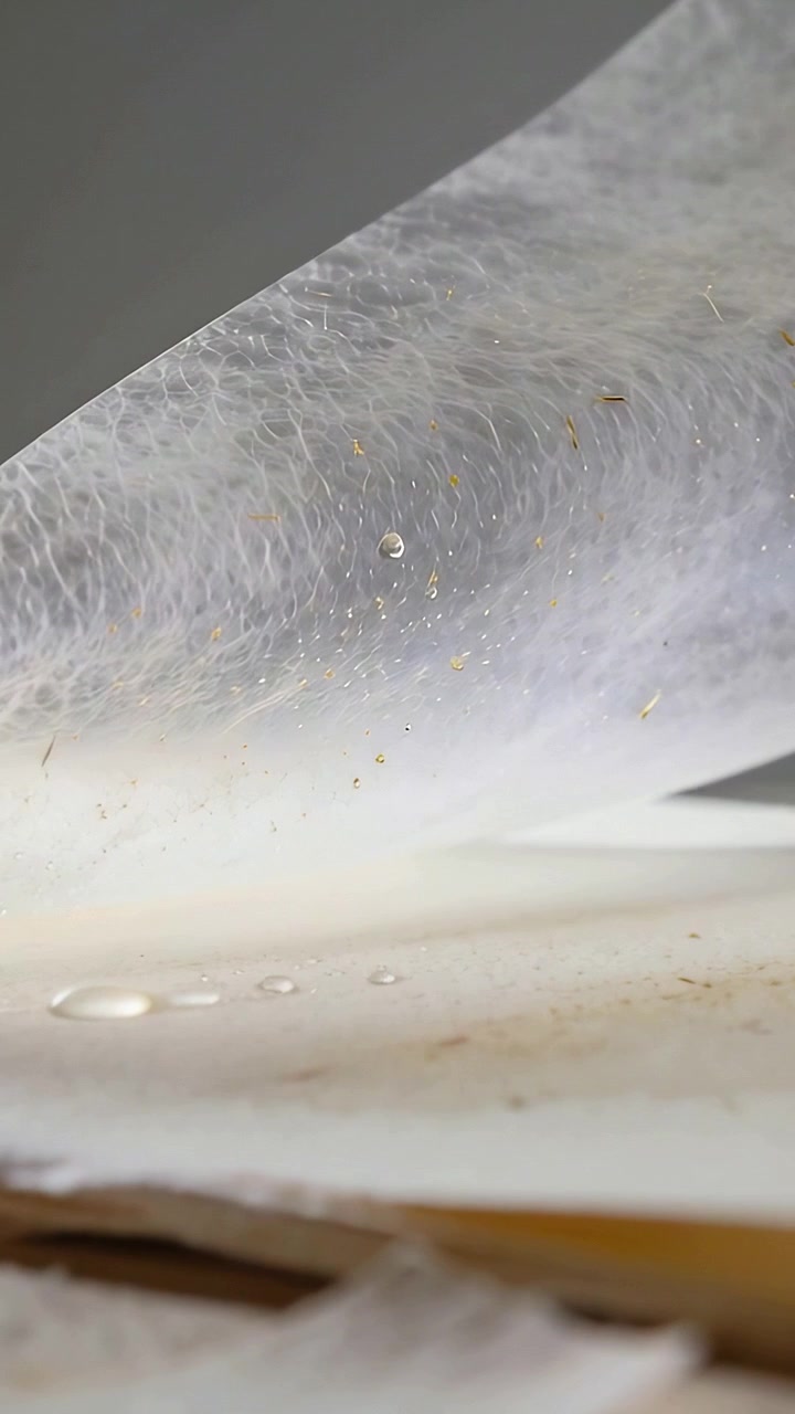 Vertical video: Tilting camera showing white batting with droplets above brown board for inspection
