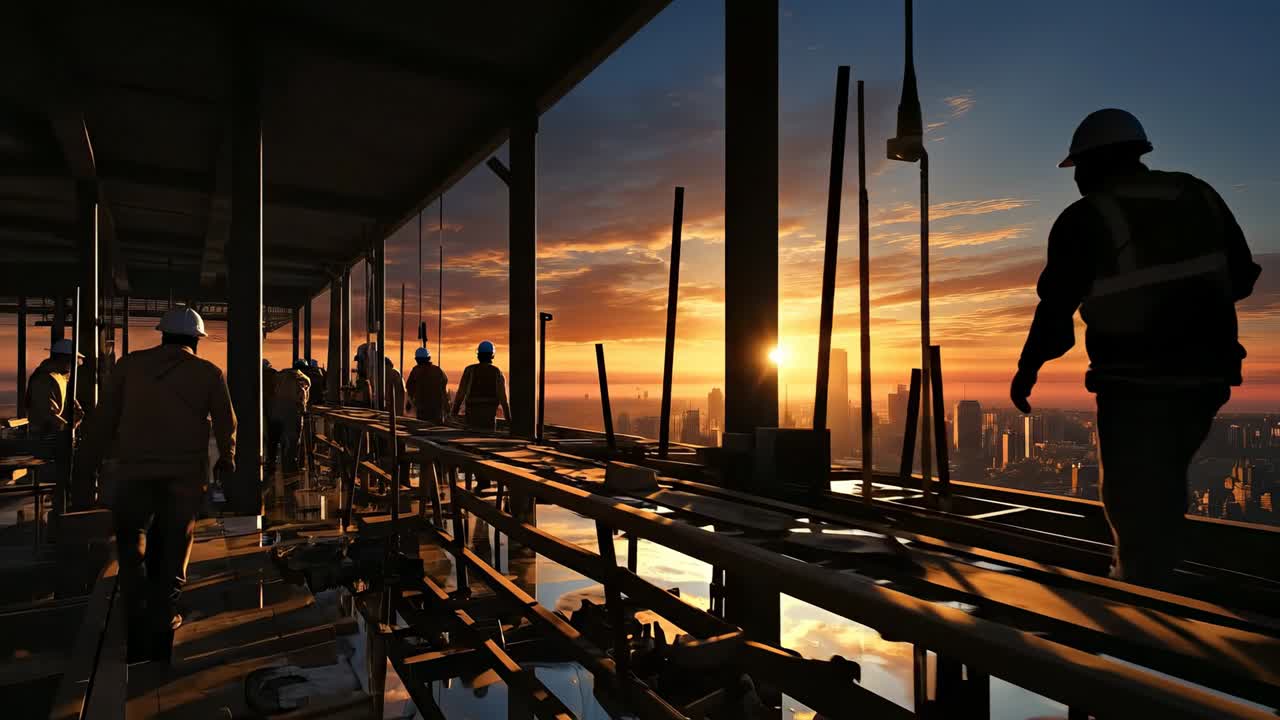 Workers build at sunset in the city. Construction workers hustle on a high-rise as the sun sets, creating a dramatic city skyline
