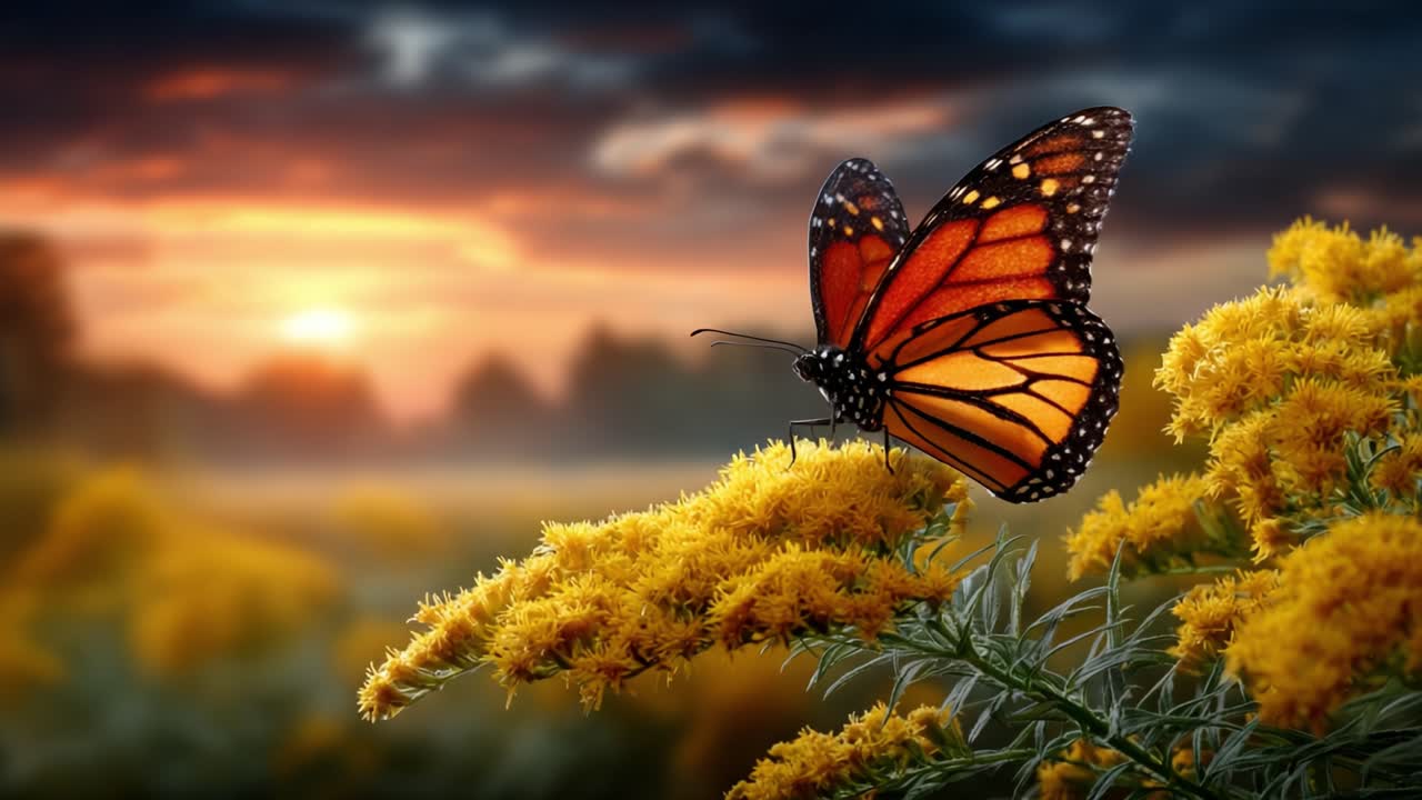 A Beautiful Monarch Butterfly Perched on Golden Flowers Against a Serene Sunset Background, Capturing the Essence of Nature's Vibrant Colors and Serenity