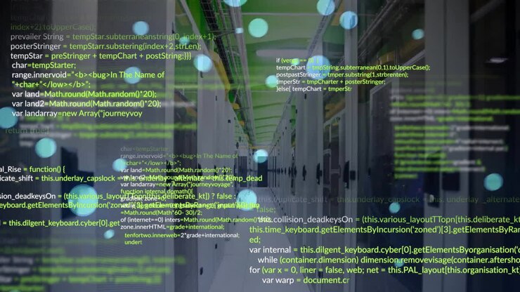 Animation of data processing and light spots over server room