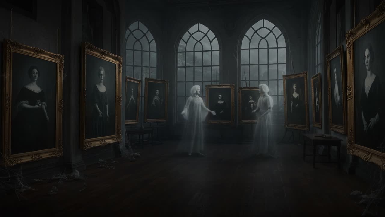 Ethereal Encounter: Two Ghostly Figures Dance Amidst Portraits in a Dimly Lit Gallery, Surrounded by Shadows and Mystery, Evoking an Enigmatic Atmosphere of the Supernatural