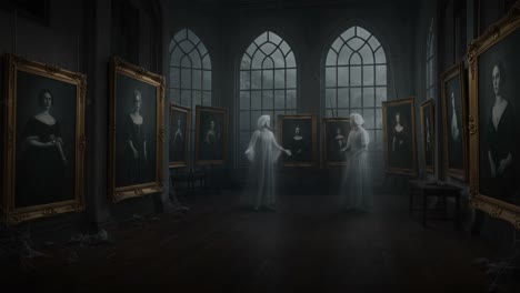 ethereal encounter: two ghostly figures dance amidst portraits in a dimly lit gallery, surrounded by shadows and mystery, evoking an enigmatic atmosphere of the supernatural