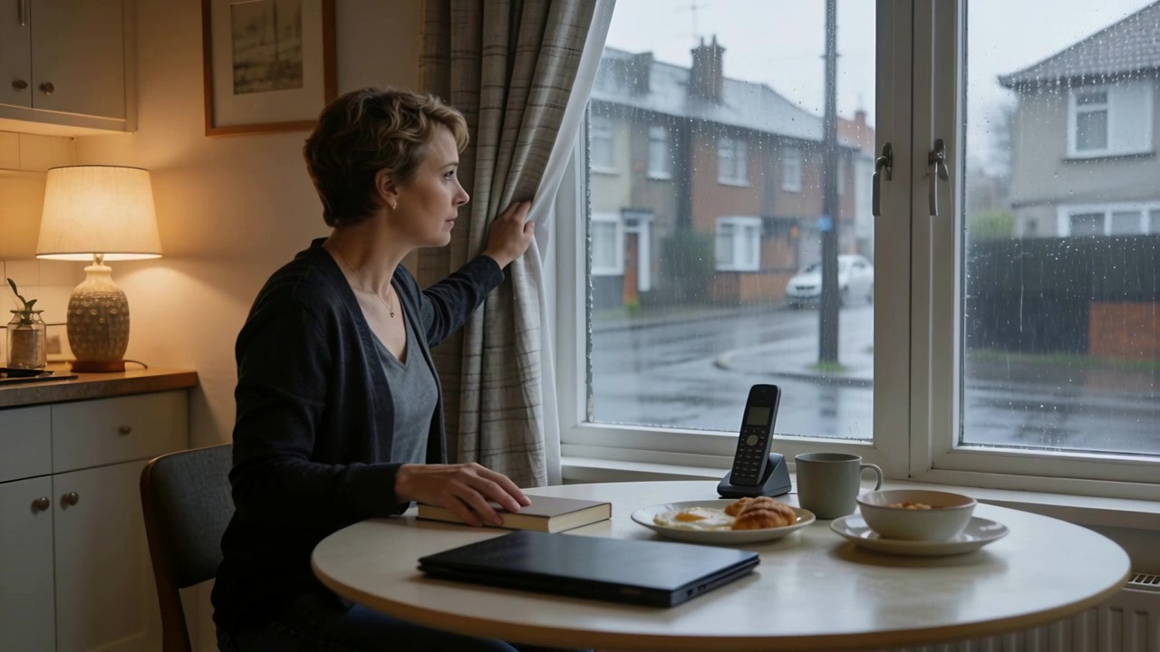 Glancing woman in cardigan pulling curtain at table with laptop watching passing cars, copy space