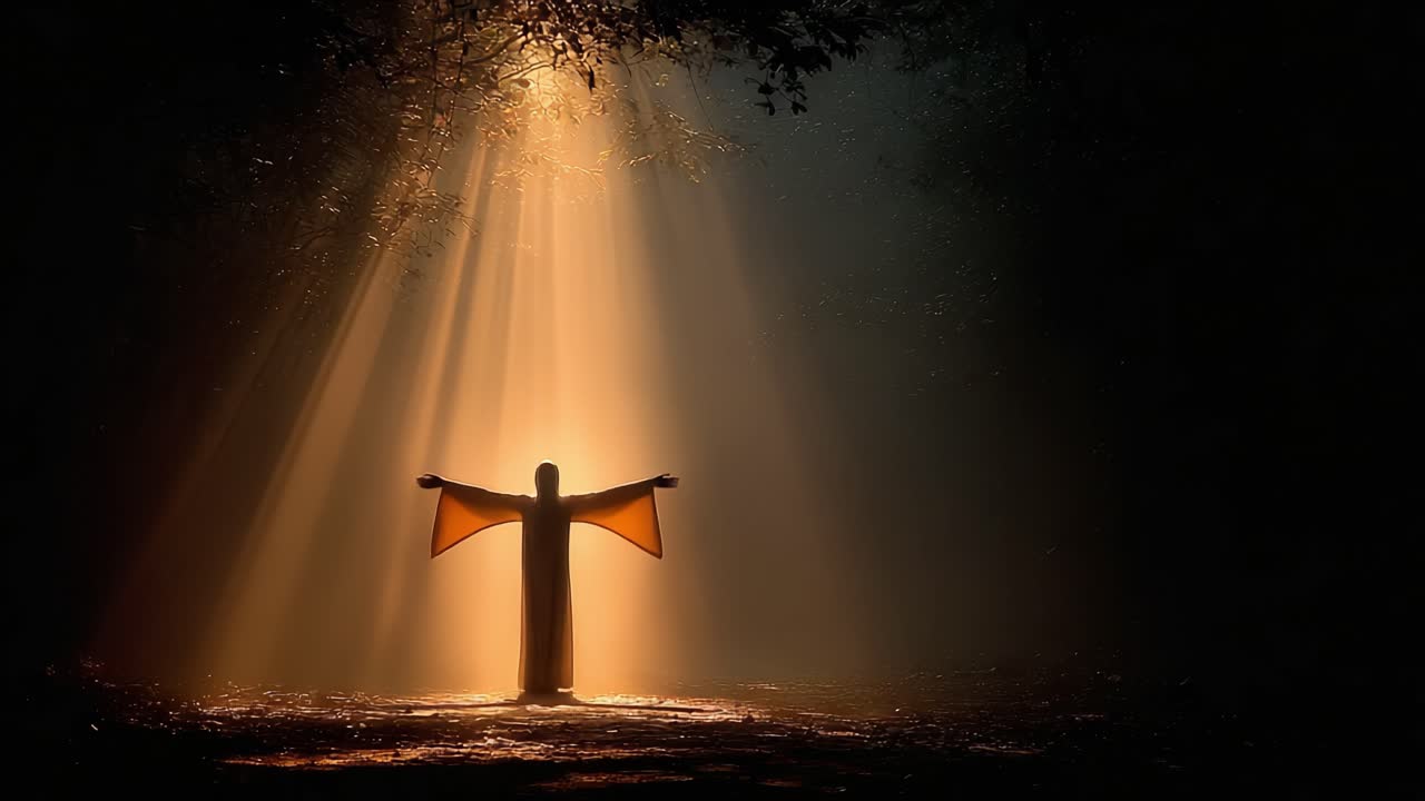 A Serene Moment: A Figure in the Shadows Embraces Light with Outstretched Arms, Capturing the Essence of Solitude and Spiritual Awakening in Nature