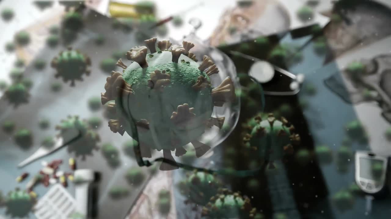 의료 장비에 떨어지는 마스크 위에 떠다니는 거대한 코로나19 세포의 애니메이션