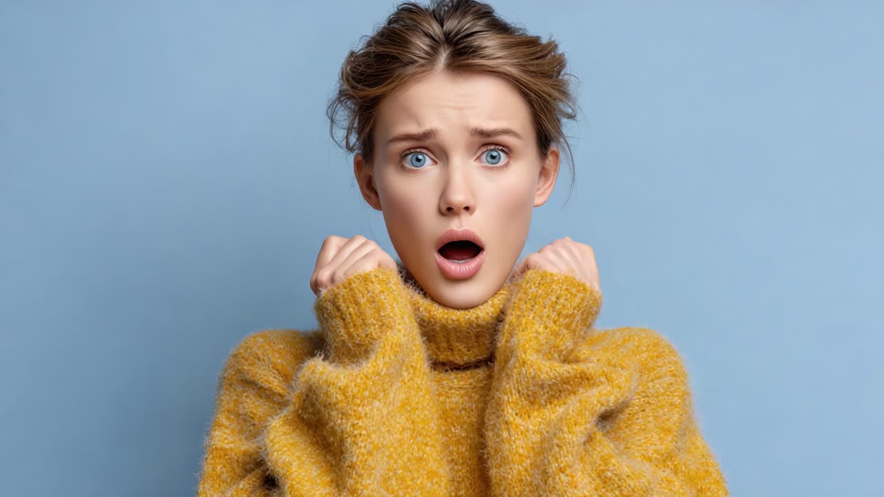 A Surprised Young Woman with Blue Eyes and a Cozy Sweater Displaying Emotion from Shock to Calmness Against a Soft Blue Background