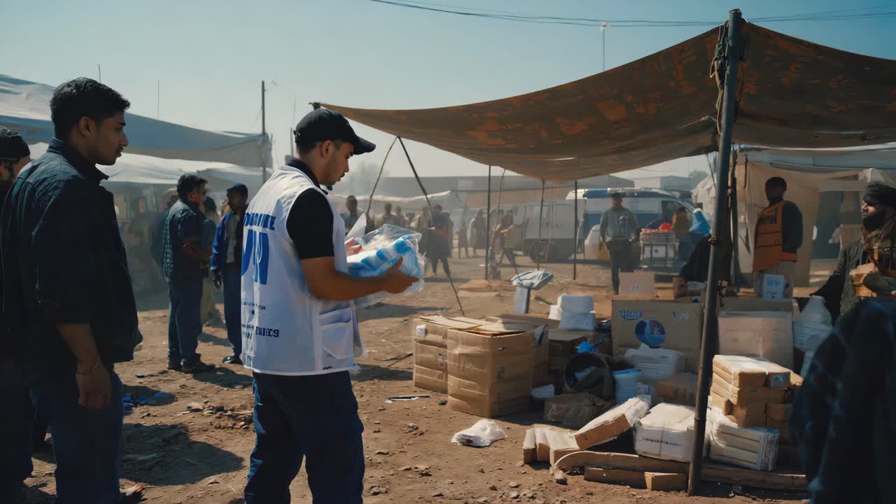 Humanitarian Aid Distribution at Refugee Camp