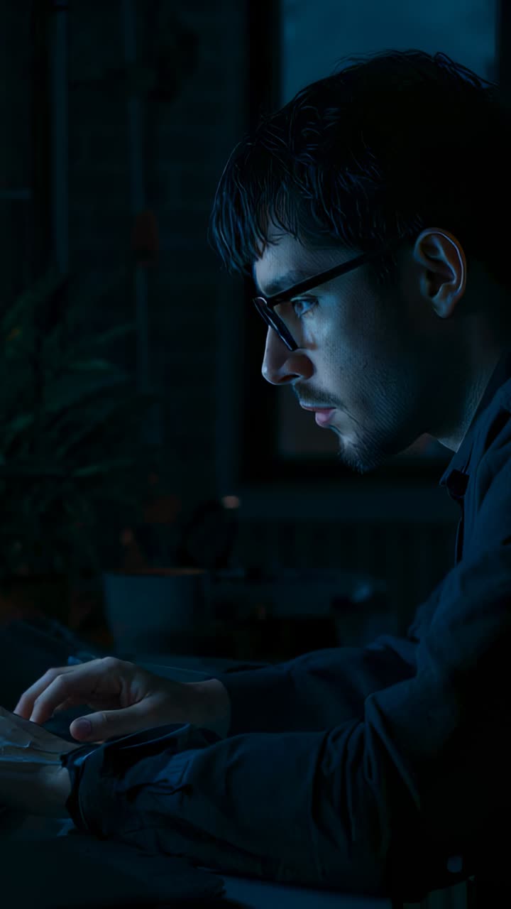 Vertical video: Typing man in dark shirt with glasses replying to computer at home desk, copy space