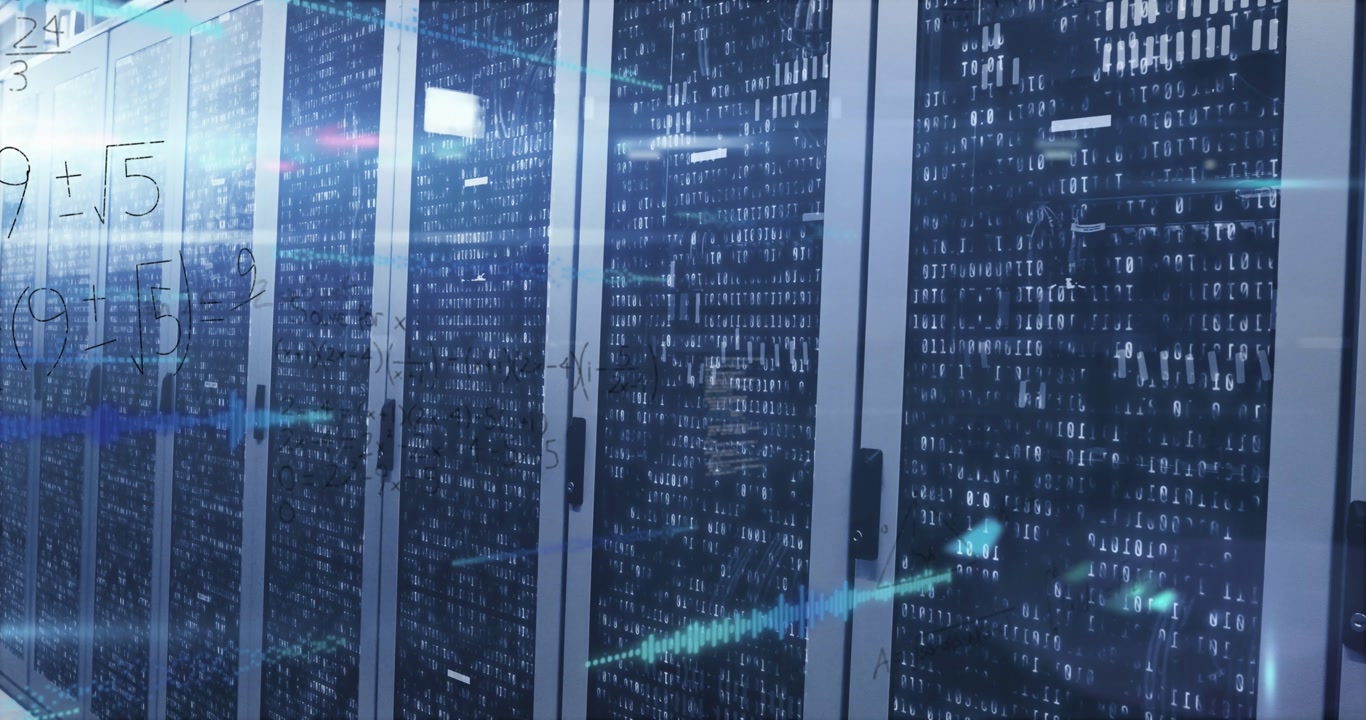 Animation of mathematical equations and binary coding over computer servers