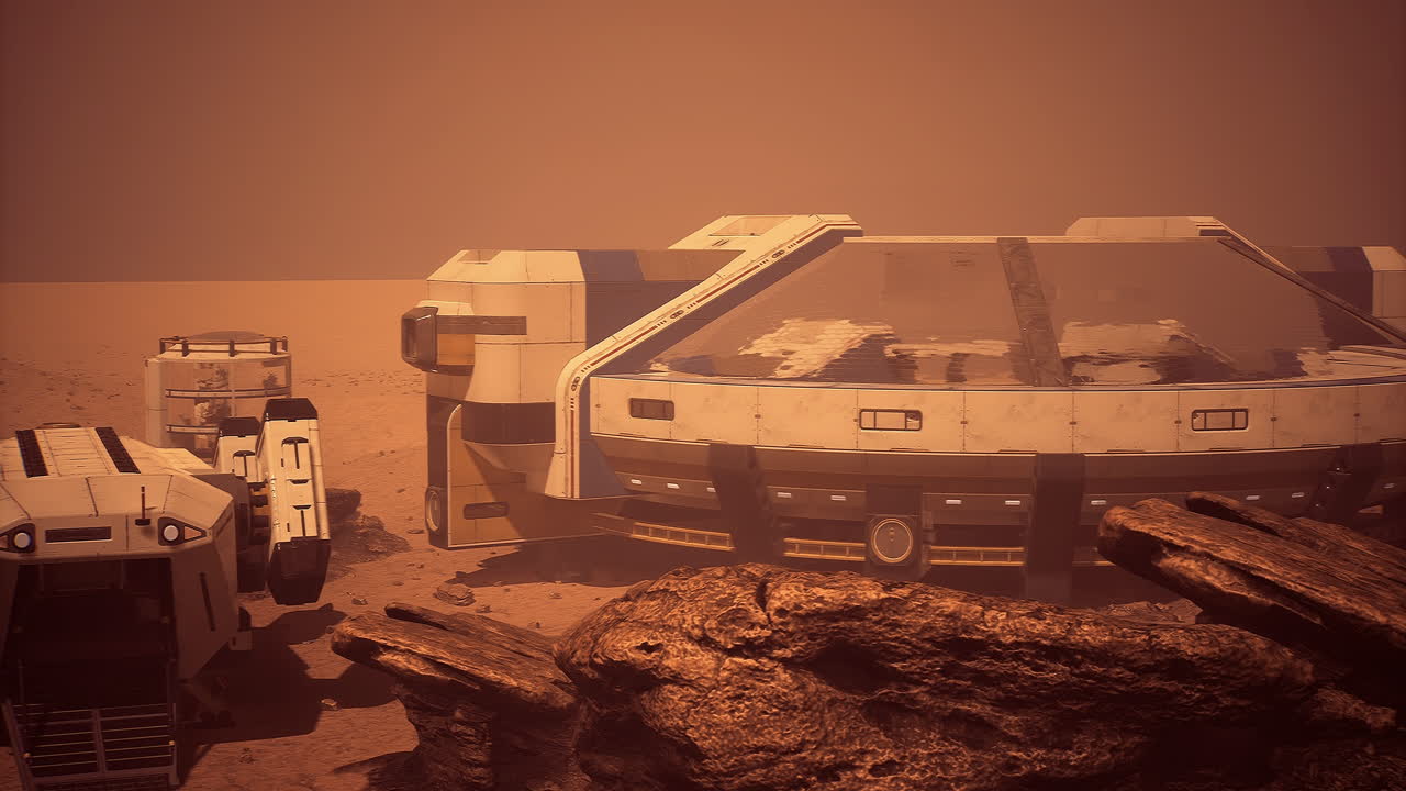 Utforskingsbase på overflaten av Mars med robotkjøretøy i nærheten