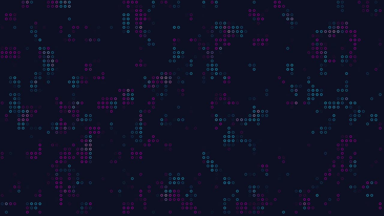 círculos de datos digitales en azul y rosa sobre un fondo oscuro