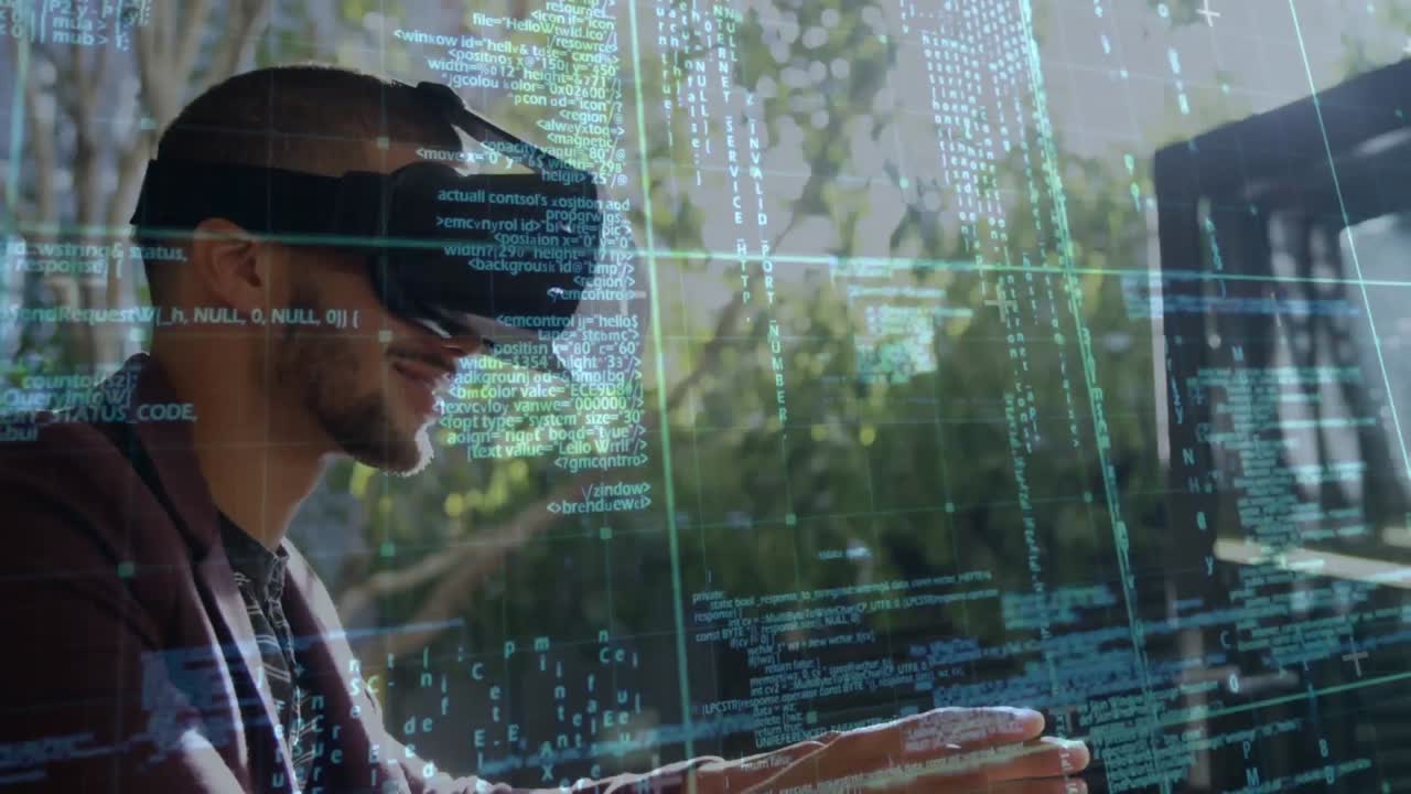 Man smiling while wearing a virtual reality headset
