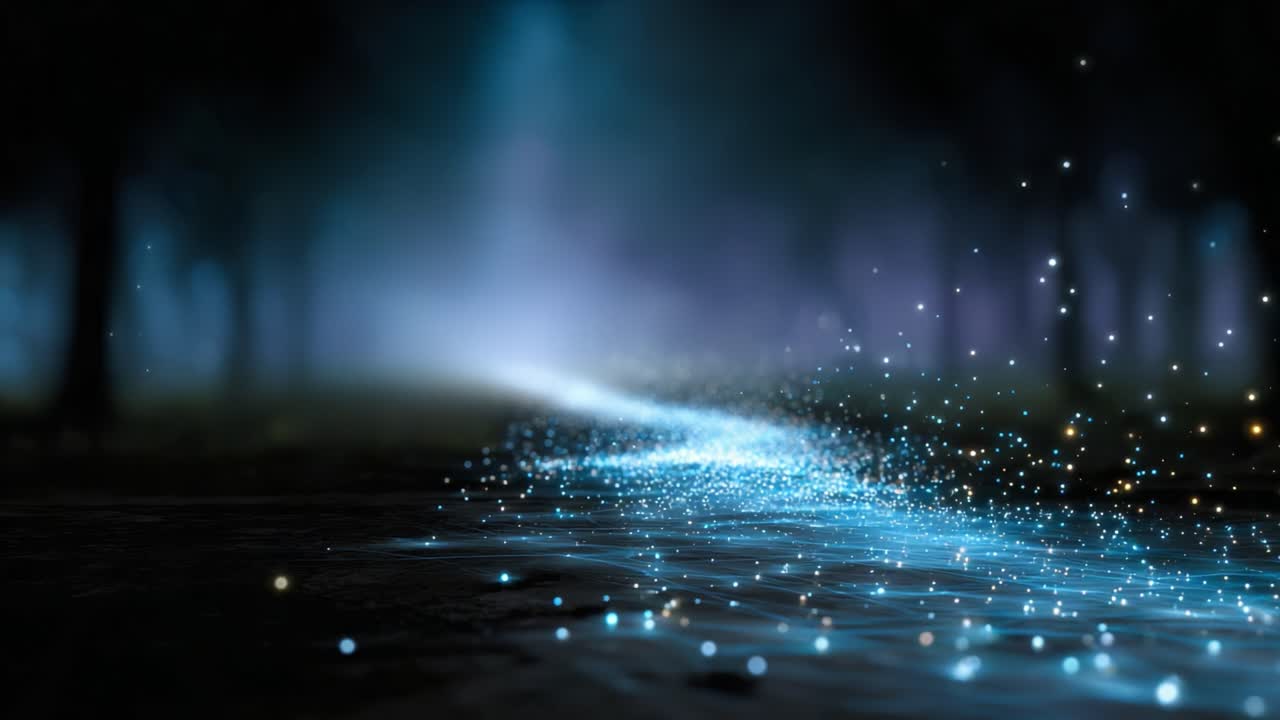 Un sentiero mistico illuminato da scintillanti particelle blu sotto un cielo notturno etereo e sognante con una delicata illuminazione di sfondo in un tranquillo ambiente naturale