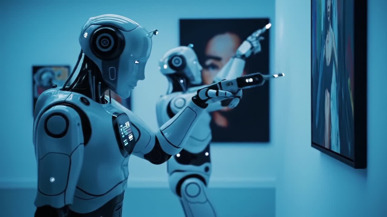 Two Advanced Robots Engaging with Digital Art in an Innovative Gallery Setting, Captivated by the Visual Aesthetics and Creating an Intriguing Experience