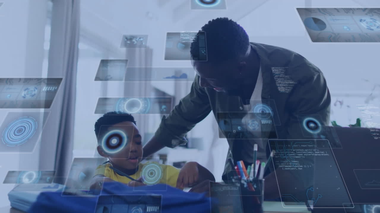 Animation of data processing over happy african american father and son talking at home
