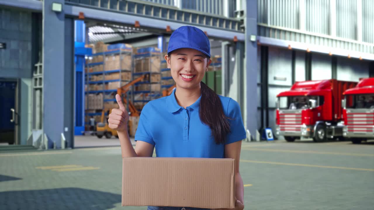 Asian Female Courier In Blue Uniform Showing Thumbs Up Gesture And Smiling While Delivering A Carton, Outside Warehouse