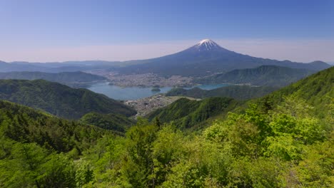 mt. fuji and lake kawaguchi seen from the fresh green shindo pass