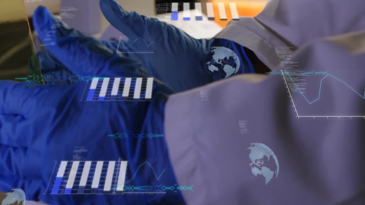 Animazione di elaborazione di dati scientifici su uno scienziato in laboratorio