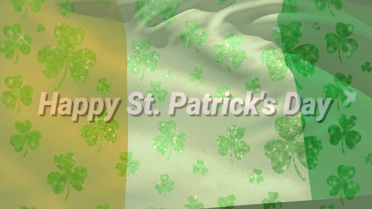 Opening on tricolor flag, title sliding from left and starting greeting reveal, shamrocks sparkling