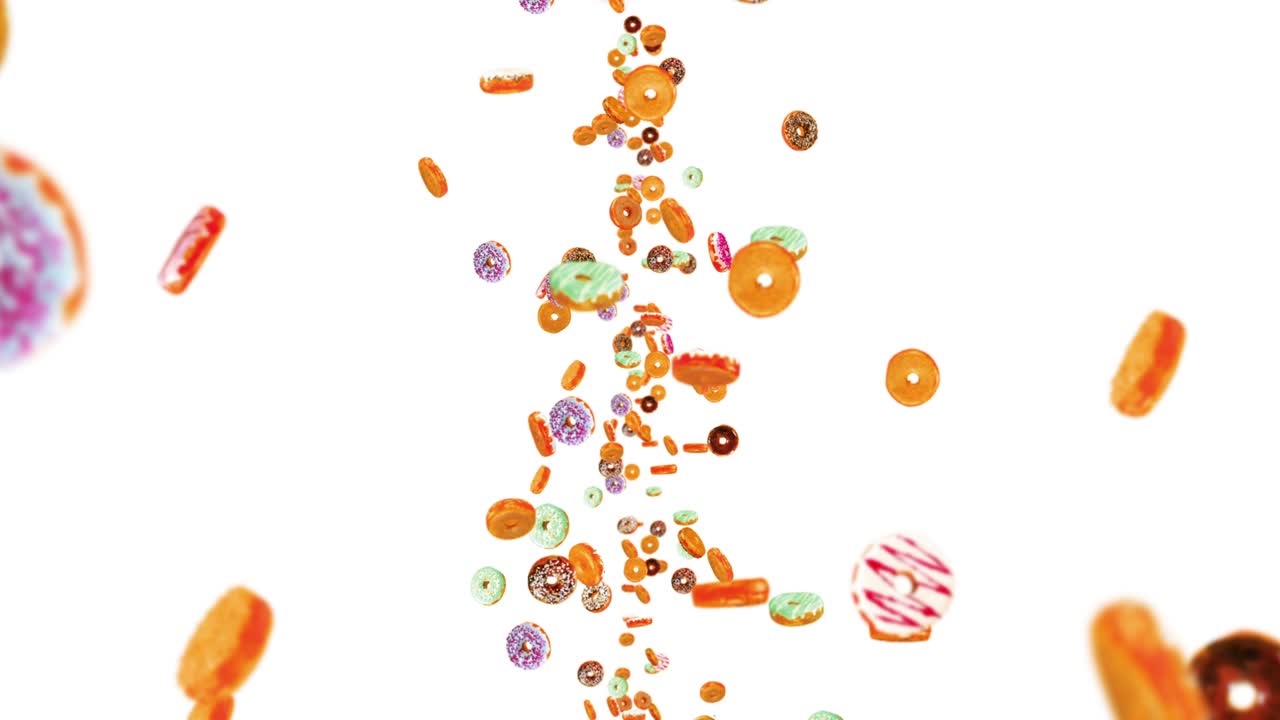 색 배경에 많은 다채로운 도을 날아. 도 케이크, 과자, 디저트. 도 회전의 3d 애니메이션. 루프 애니메이션.