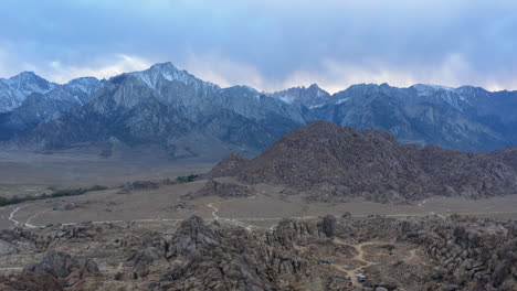 cinematic flight over alabama hills nestled in foothills of sierra nevada, usa