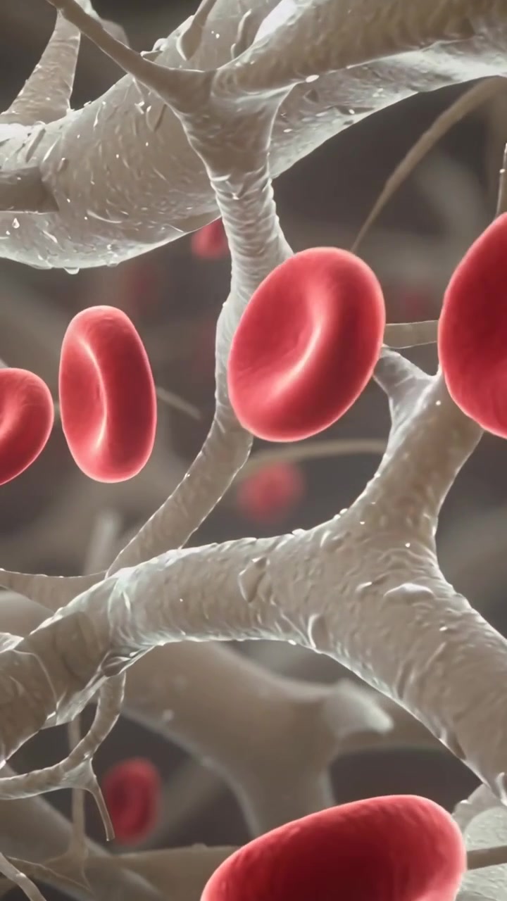 Vertical video: Panning view drifting red cells passing through vessel net past fibrils, flowing