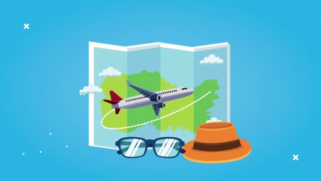 world tourism animation with map and airplane flying