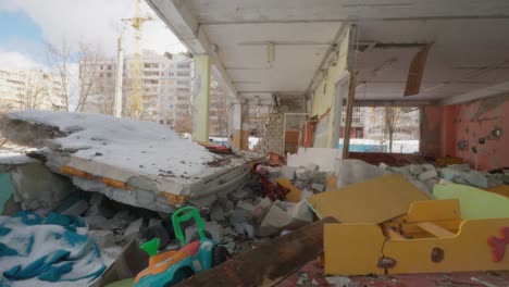 destroyed kindergarten building after bombing