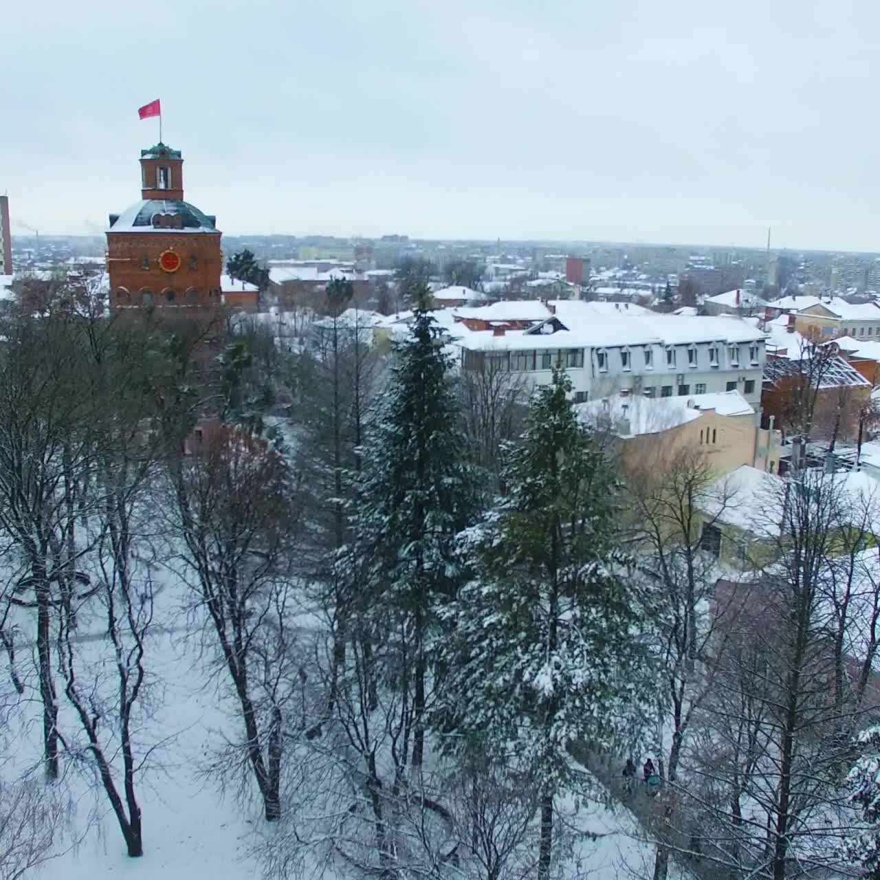Winter park at daytime. Drone rising over the snowy trees opening the panorama of a big city. Aerial view