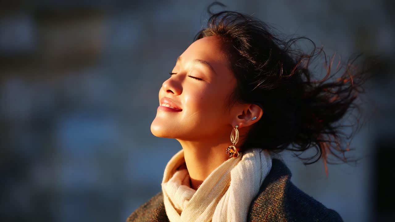 A woman with flowing hair enjoys the gentle breeze, basking in the warm sunlight, embodying a moment of peace and joy with a serene smile on her face