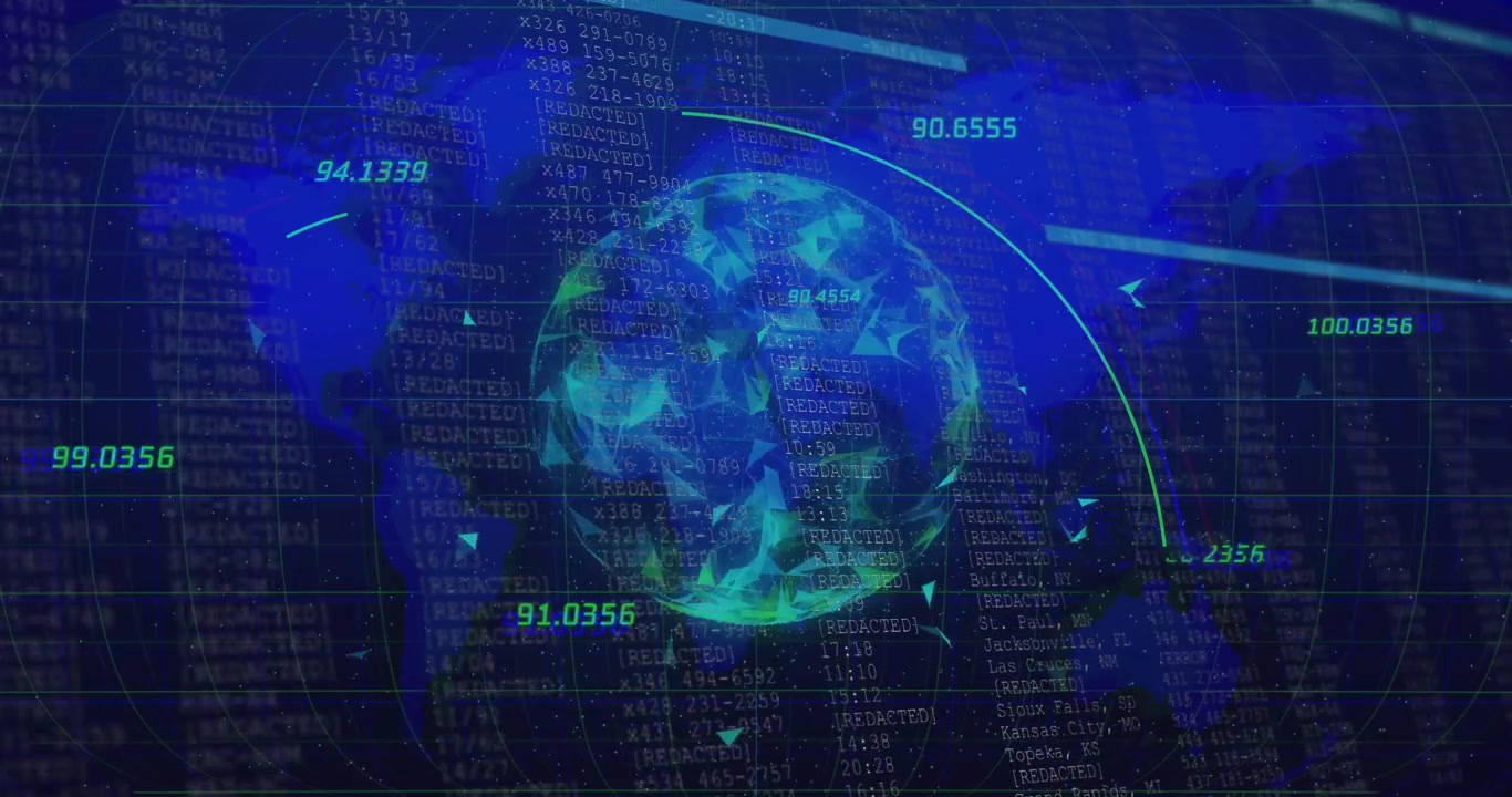 Upon grid map appearing, globe emerging with labels, arcs connecting, code scrolling for data flow