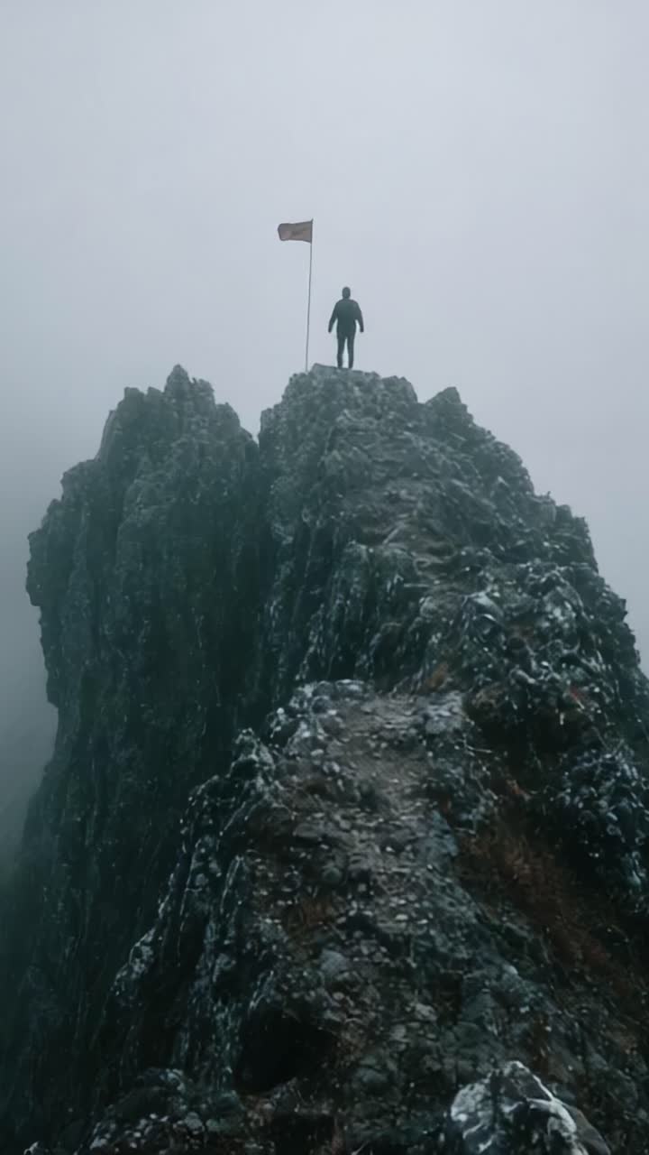 Una figura solitaria si erge trionfante sulla cima di una vetta rocciosa, avvolta nella nebbia, con una bandiera che sventola in alto, catturando l'essenza dell'avventura e la bellezza selvaggia della natura