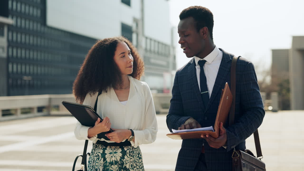 City, documents and business people conversation
