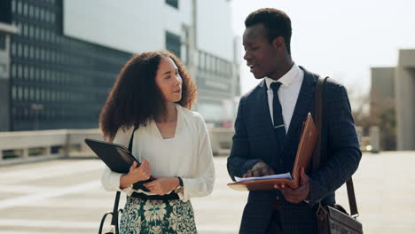 city, documents and business people conversation