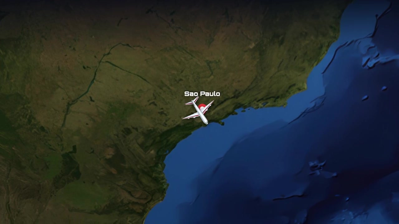 Satellite view animation tracks a commercial airplane flying from North America to South America