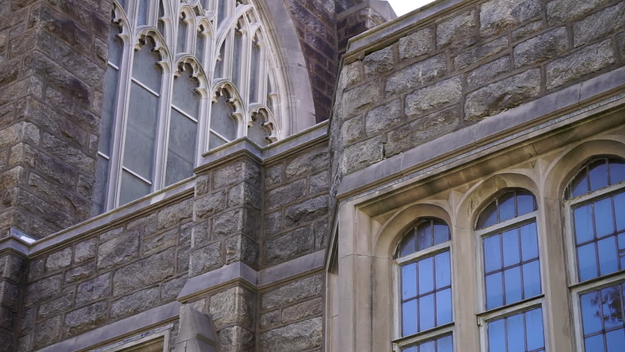 Gothic windows and masonry of church.