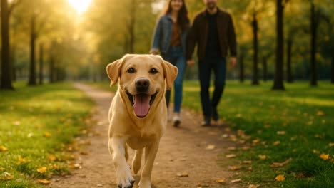 A joyful dog runs towards the camera on a sunlit park path, with a couple walking behind