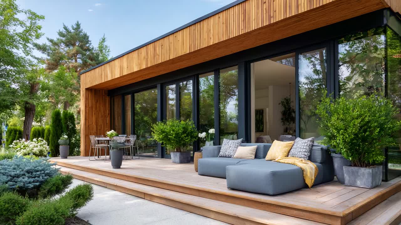 Modern outdoor living space with sleek wooden architecture and stylish lounge area, surrounded by lush greenery and tasteful decor for relaxation and enjoyment