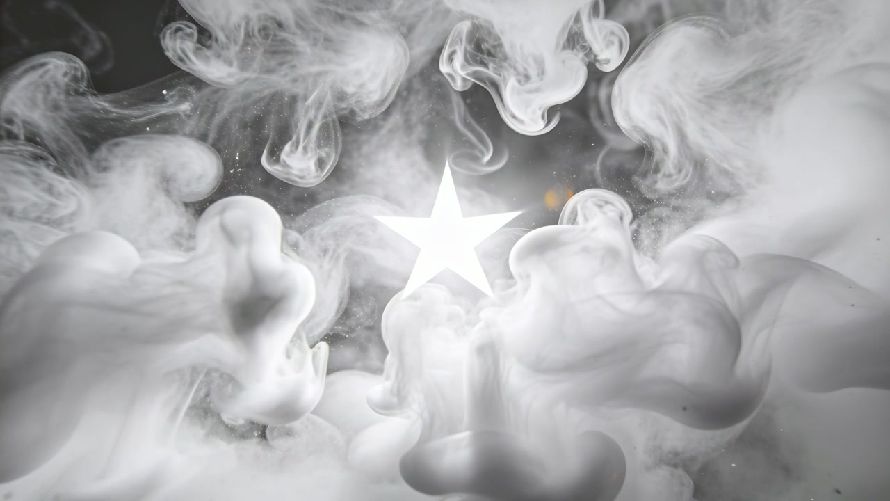Glowing 5-point star staying centered in studio during play, smoke rising, framing star with sparks