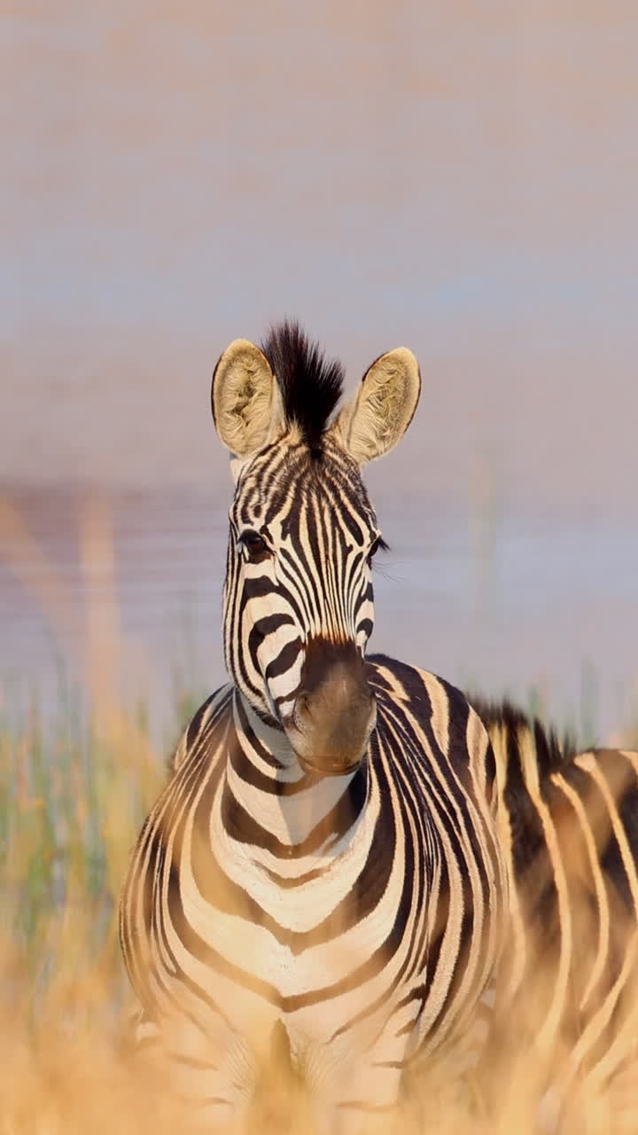Zebra che si muove tra l'erba alta con acqua sullo sfondo, coda che si agita tranquillamente
